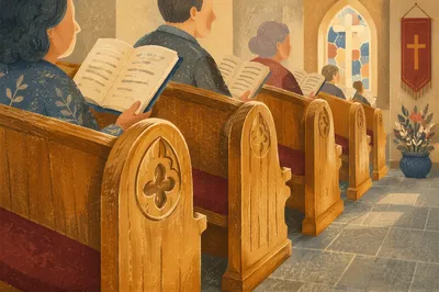 Congregation Singing from Hymnals in Church Pews