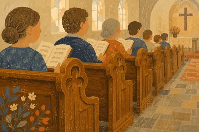 Congregation Singing Hymnals in Wooden Pews