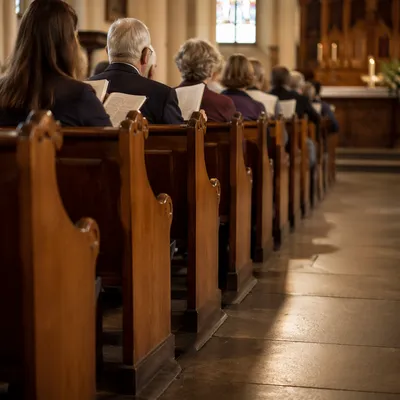 Congregation Singing Hymns in Wooden Pews