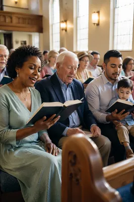Congregation Singing Hymns in Church Pews
