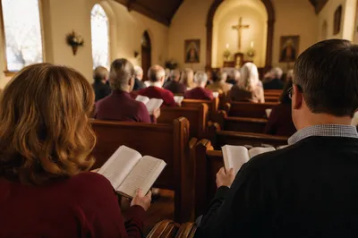 Congregation Singing Hymns in Wooden Pews
