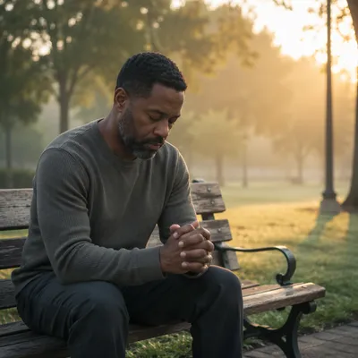 Man Praying on Park Bench at Dawn