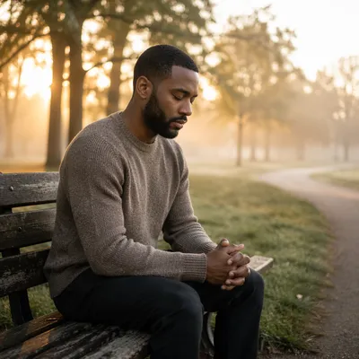 Young Man Praying on Park Bench