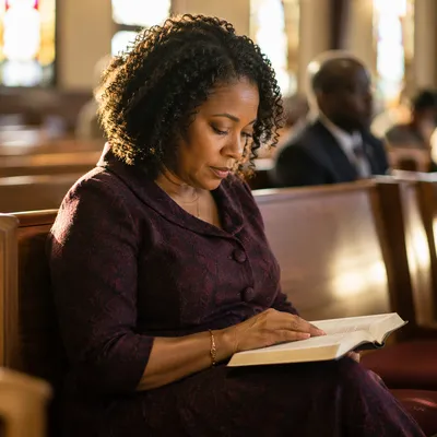 Woman Reading Bible in Church Pew