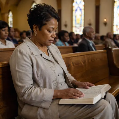 Woman Reading Bible in Church Pew
