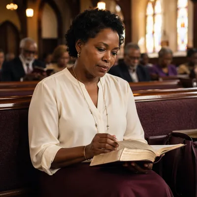 Woman Reading Bible in Church Pew