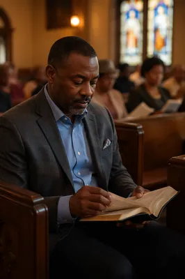 Man Reading Bible in Church Pew