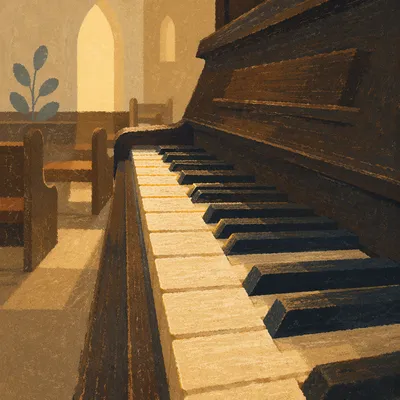 Warm Piano Keys in Quiet Church Sanctuary