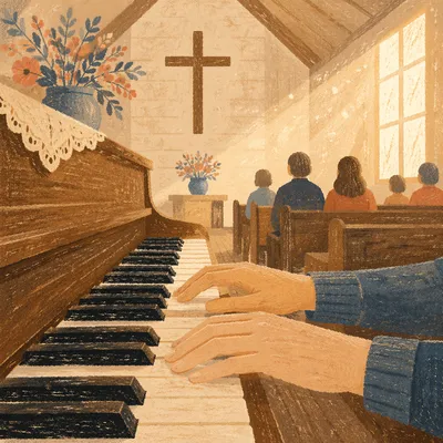 Piano Keys in Quiet Chapel Worship