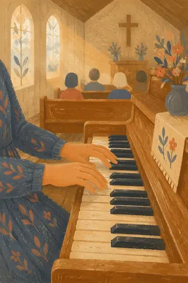 Hands Playing Piano in Morning Chapel Light