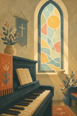 Piano Keys in Quiet Chapel Worship Light