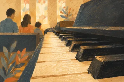 Soft Lit Piano Keys in Church Worship