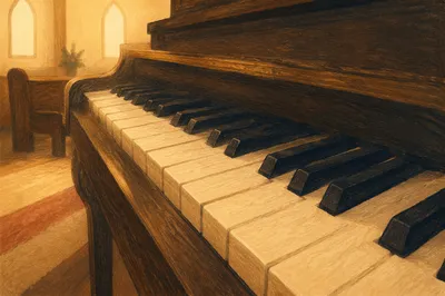 Soft Light Piano Keys in Church Sanctuary