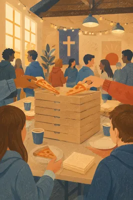 Youth Group Pizza Boxes in Fellowship Hall