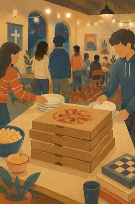 Stacked Pizza Boxes at Youth Group Gathering