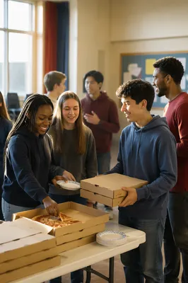 Teenagers Gathering Around Stacked Pizza Boxes