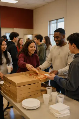 Teen Group Gathering with Stacked Pizza Boxes