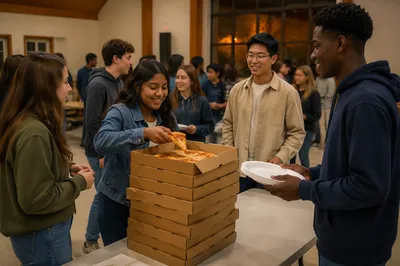 Teen Gathering Around Stacked Pizza Boxes