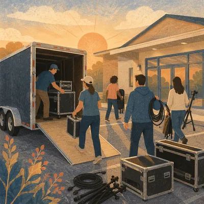Portable Church Trailer Setup at Sunrise