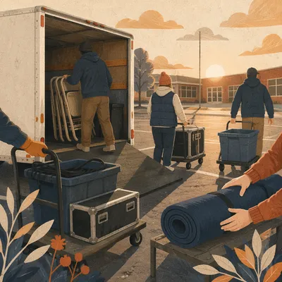 Portable Church Trailer Setup at Sunrise