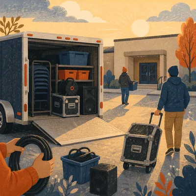 Portable Church Trailer Setup at Sunrise