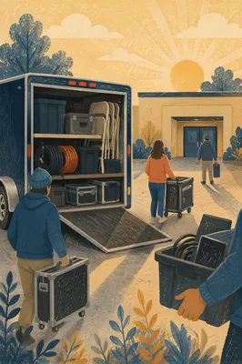 Portable Church Trailer Setup at Sunrise