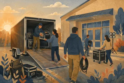 Portable Church Trailer Setup at Sunrise