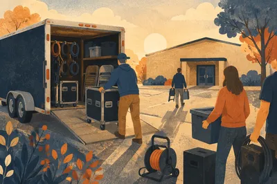 Portable Church Trailer Setup at Sunrise