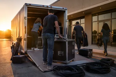 Portable Church Trailer Setup at Sunrise