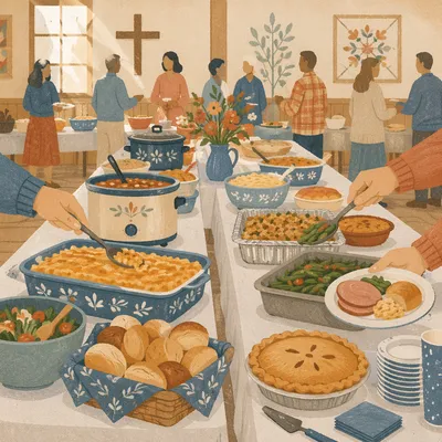 Welcoming Church Potluck Dinner Table Spread