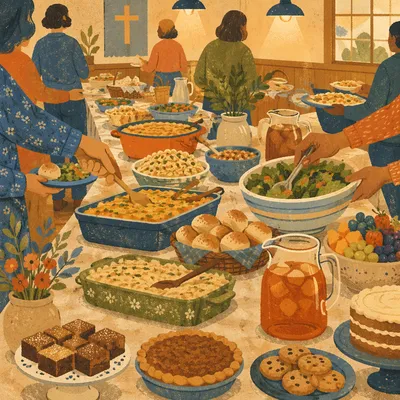 Abundant Church Potluck Dinner in Fellowship Hall