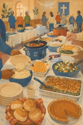 Welcoming Church Potluck Dinner Buffet Scene
