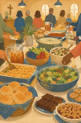 Abundant Church Potluck Dinner in Fellowship Hall