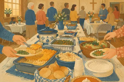 Church Potluck Dinner Spread in Fellowship Hall