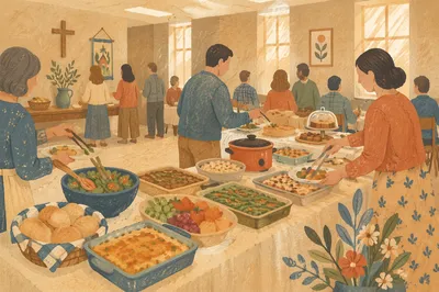 Church Potluck Dinner Spread in Fellowship Hall