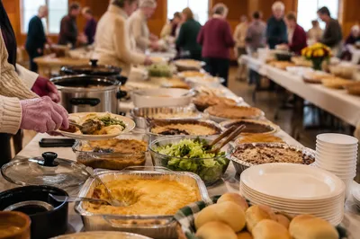 Welcoming Church Potluck Dinner Buffet Table