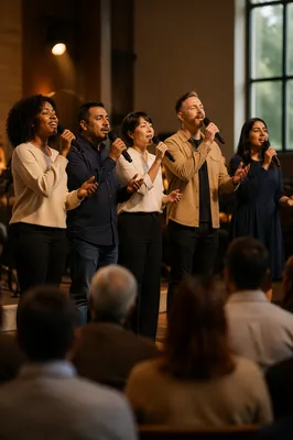 Diverse Praise Team Singing on Church Stage