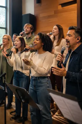 Diverse Choir Rehearsing on Church Stage