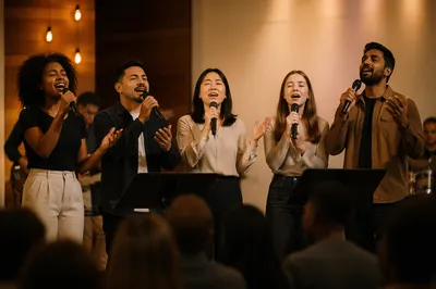 Diverse Praise Team Singing on Church Stage