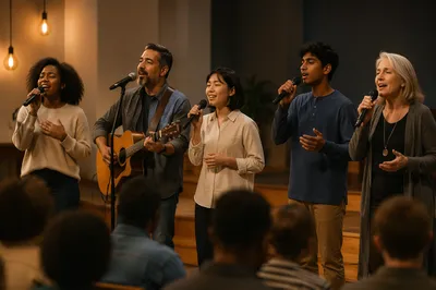 Diverse Praise Team Singing on Church Stage
