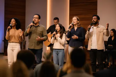 Diverse Praise Team Singing on Church Stage