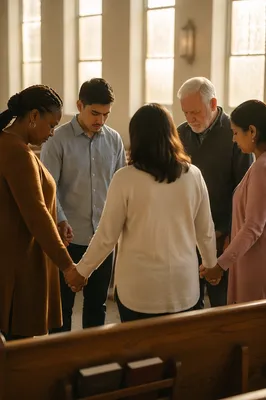 Diverse Prayer Circle in Sunlit Church