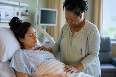 Mother Praying Beside Daughter in Hospital