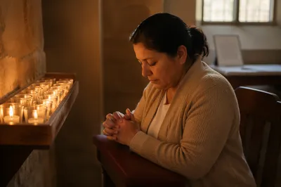 Woman Praying by Candles in Church Room
