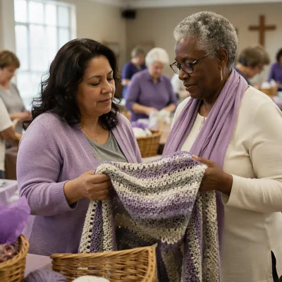 Women Folding Hand-Knitted Prayer Shawl