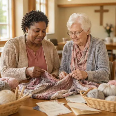 Women Folding Knitted Prayer Shawl Together