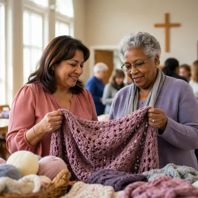 Women Unfolding Hand-Knitted Prayer Shawl Ministry