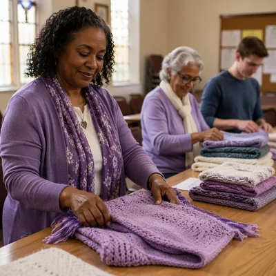 Women Folding Knitted Shawls on Table