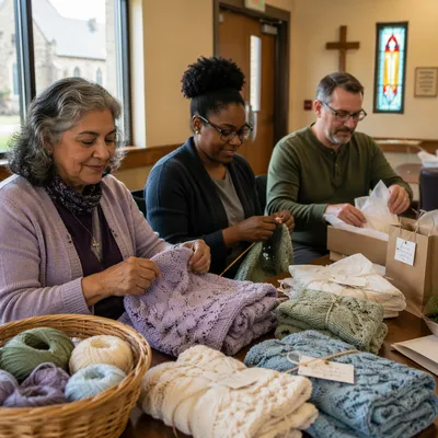 Volunteers Folding Knitted Shawls in Community Room