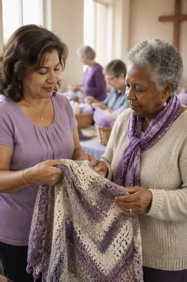 Women Folding Hand-Knitted Prayer Shawl